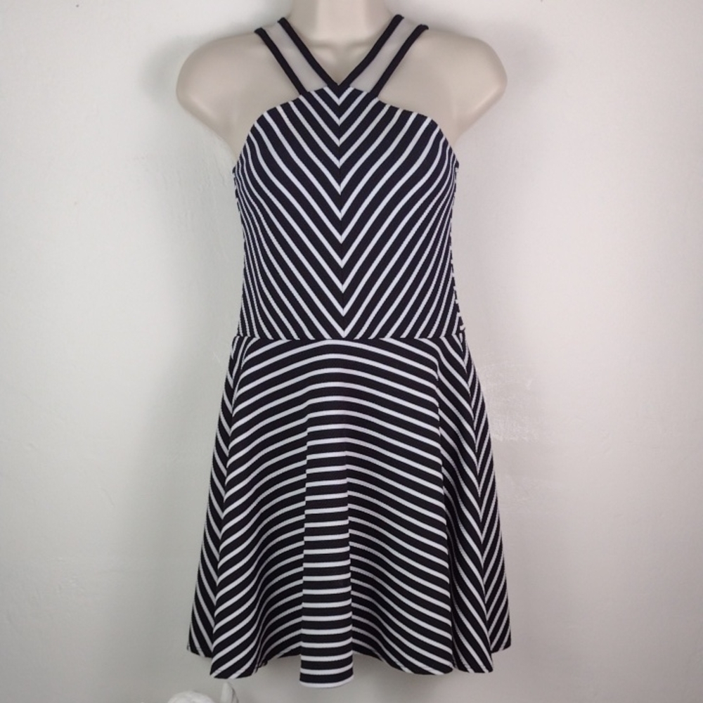 Sally Miller Striped Black & White Halter Fit-and-Flare Tank Summer Dress